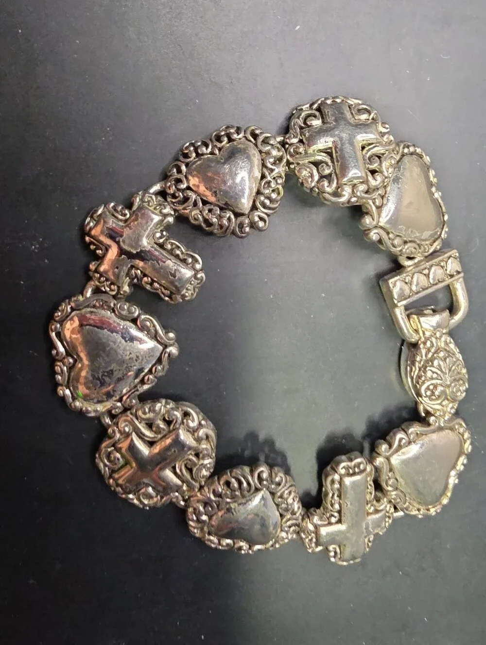 Silver-Tone Heart & Cross Link Bracelet